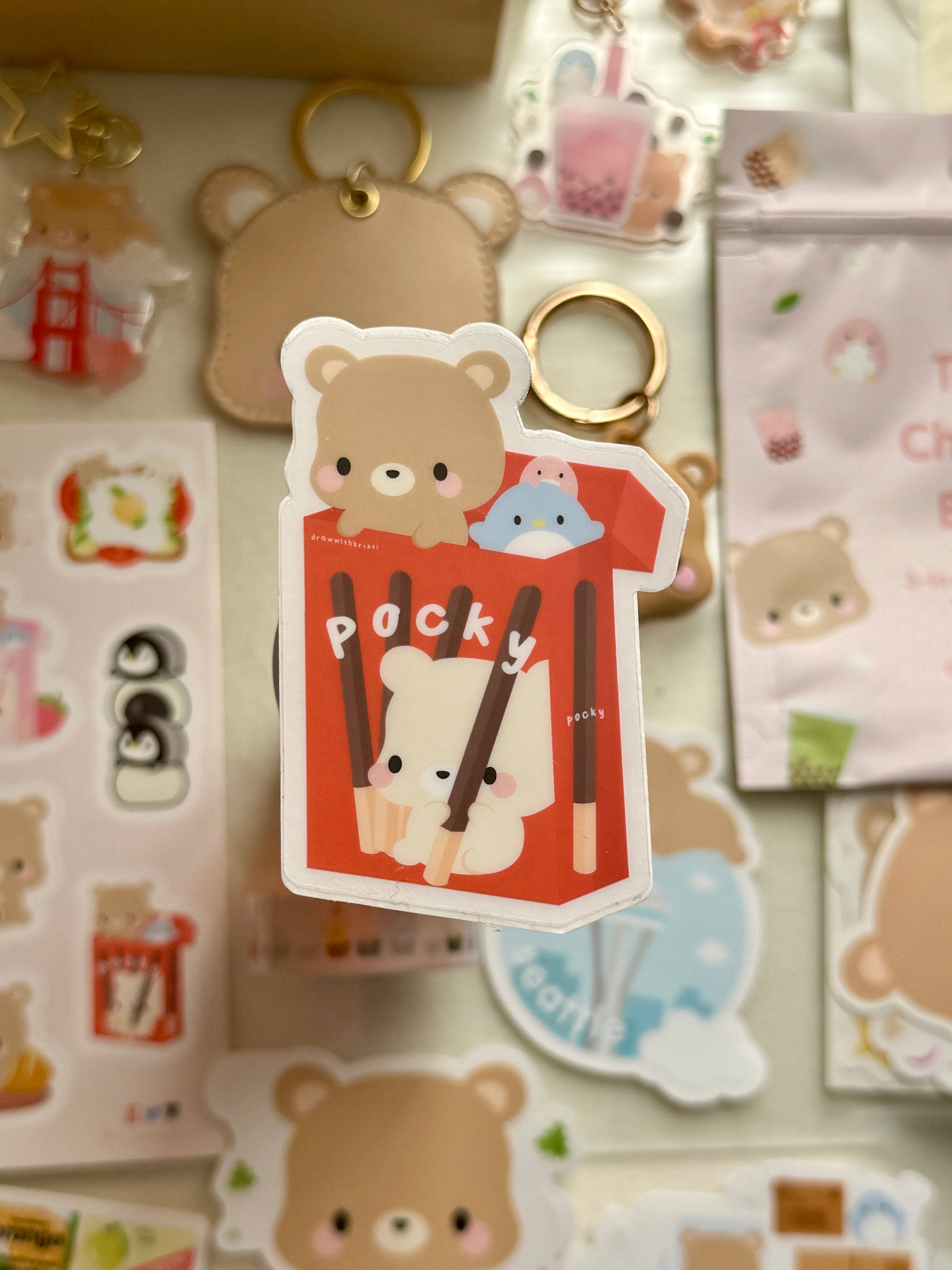 Gấu Nâu Chim Cánh Cụt Xanh Sôcôla Pocky Món Ăn Nhẹ Châu Á Vinyl Nhãn Dán Trong Suốt