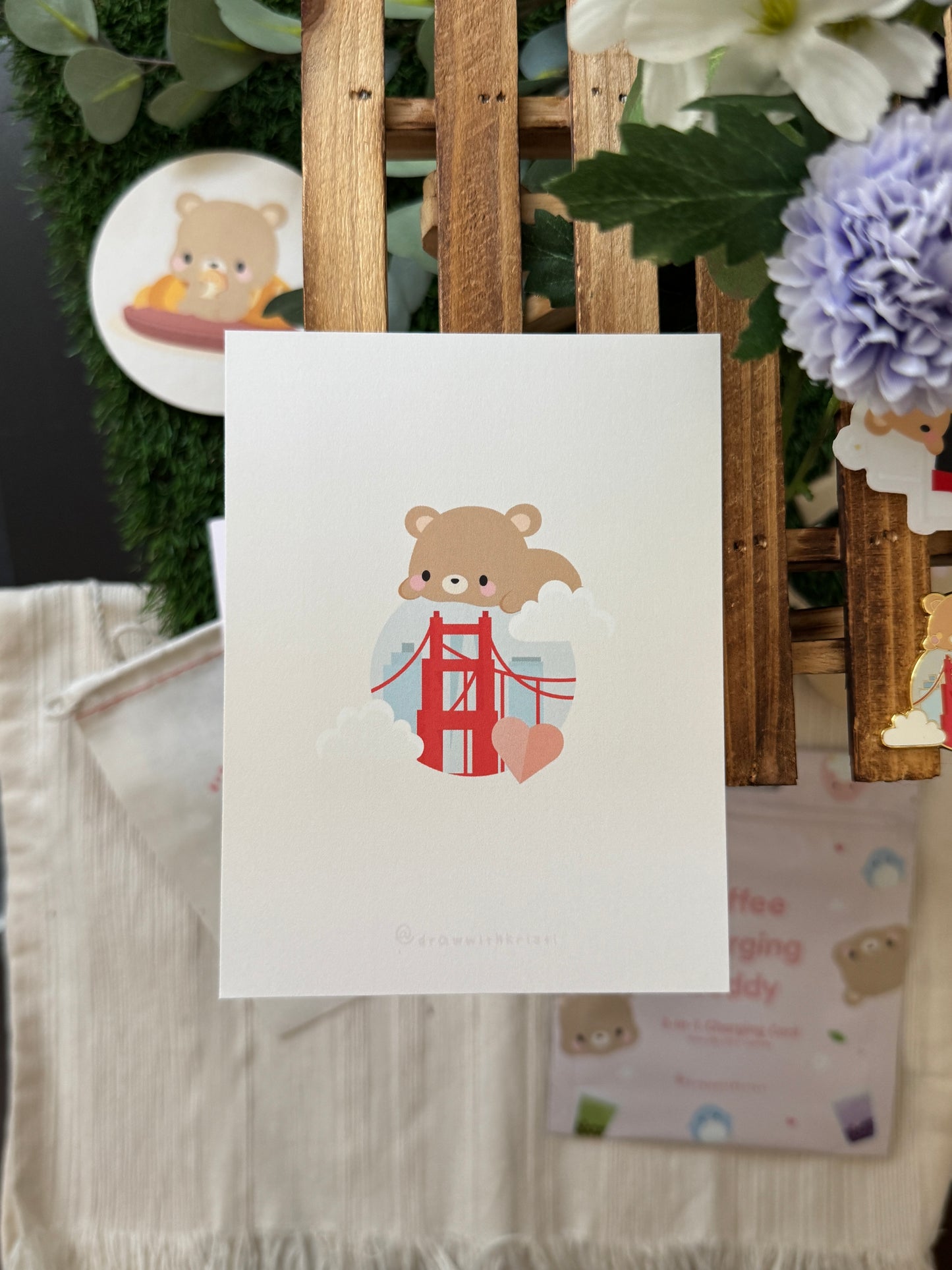 4x6" Art Print One-Sided Card: San Francisco Golden Gate with Brown Bear Toffee