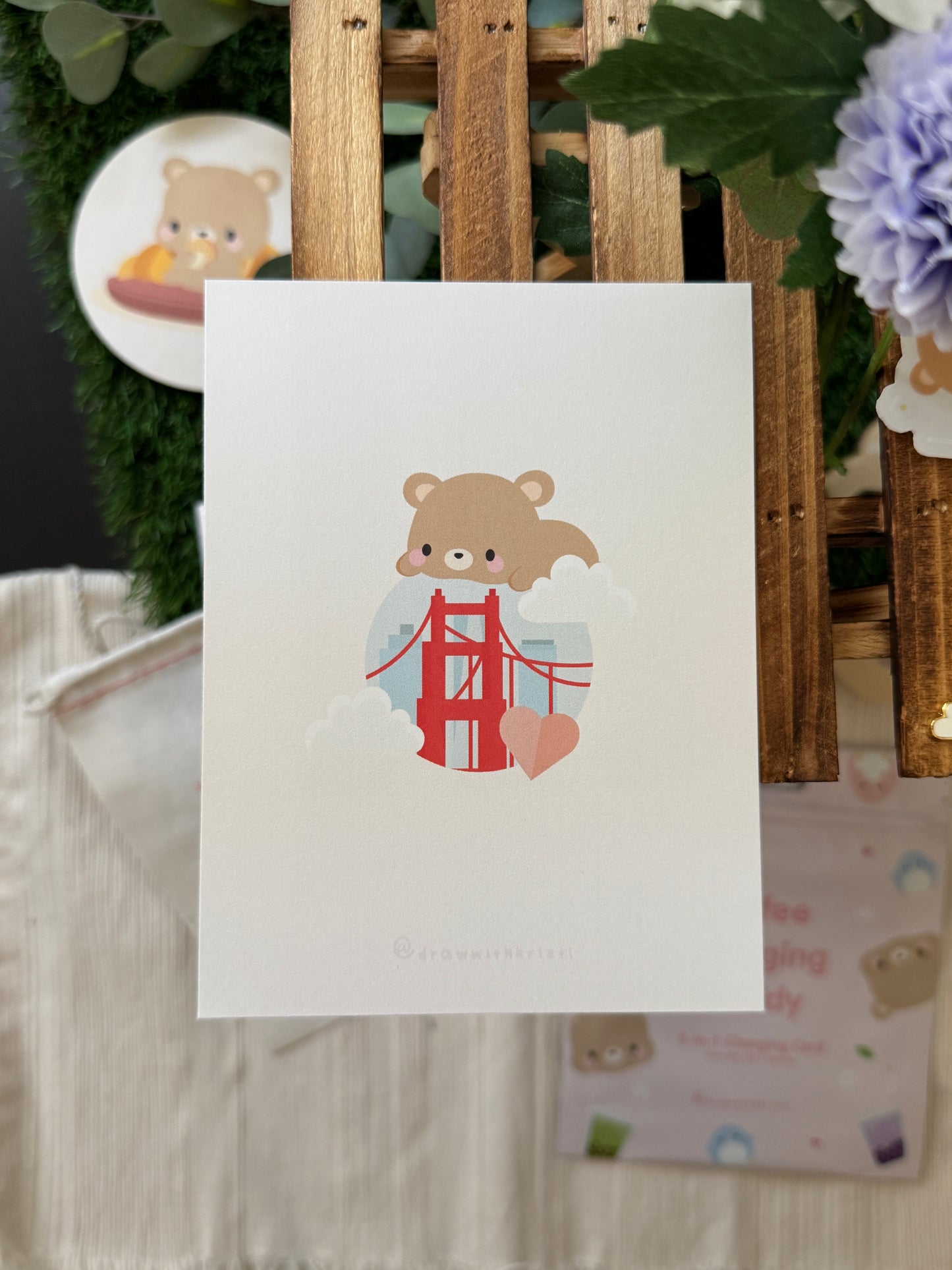 4x6" Art Print One-Sided Card: San Francisco Golden Gate with Brown Bear Toffee