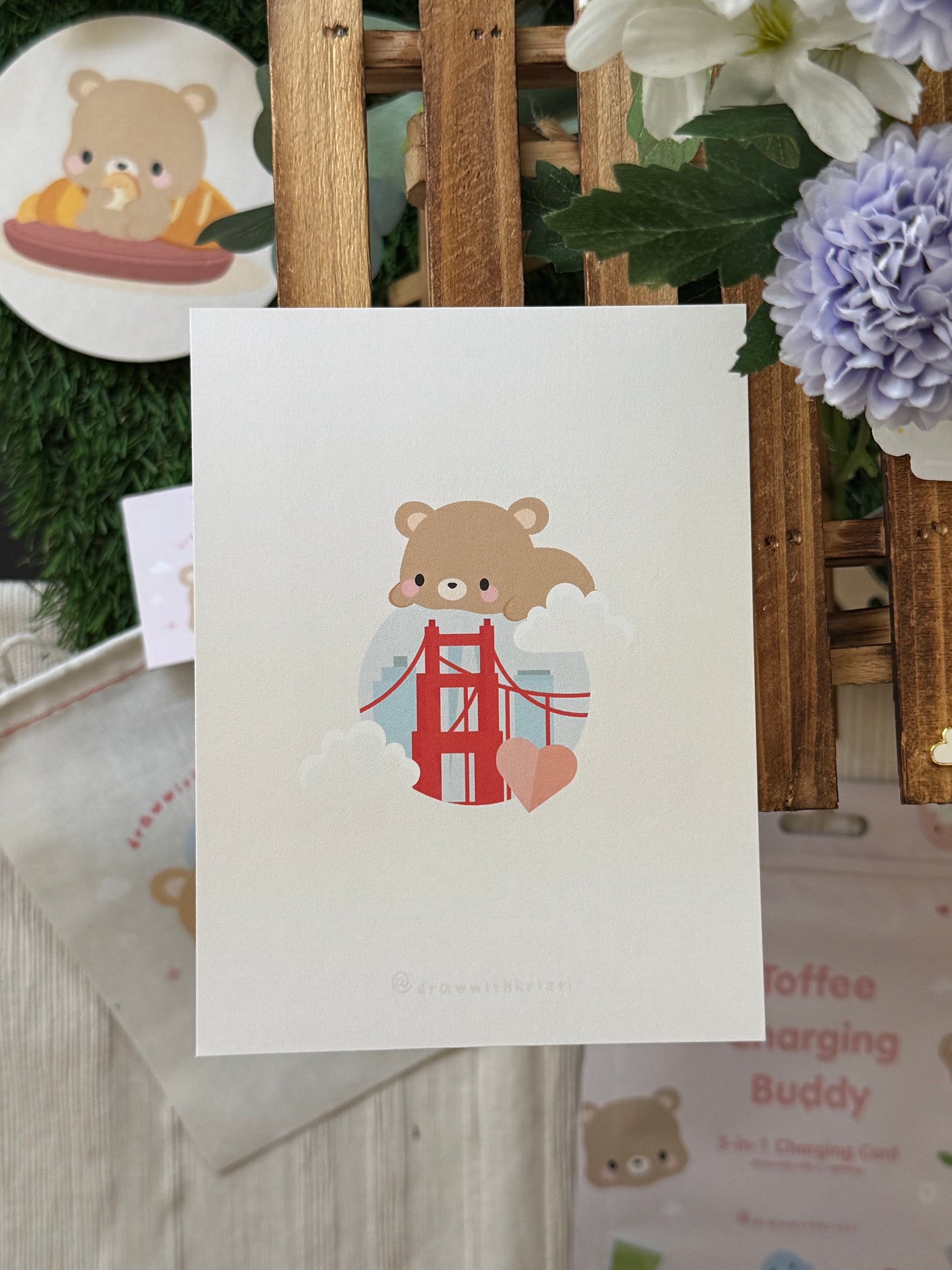 4x6" Art Print One-Sided Card: San Francisco Golden Gate with Brown Bear Toffee