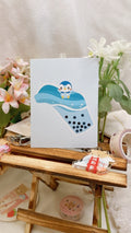 Pokemon Piplup Boba Milchtee Illustration Mini Kunstdruck | 3,5" x 4,5" Postkarte, glänzend